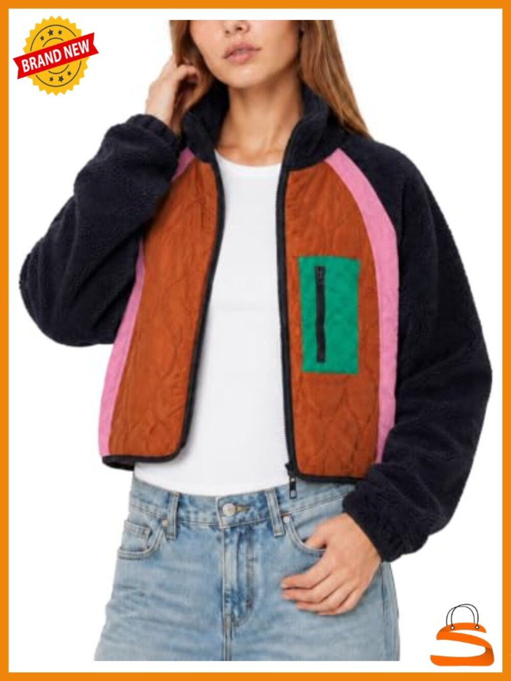 Womens Cropped Fleece Jacket Zip Up Long Sleeve Sherpa Patchwork Casual